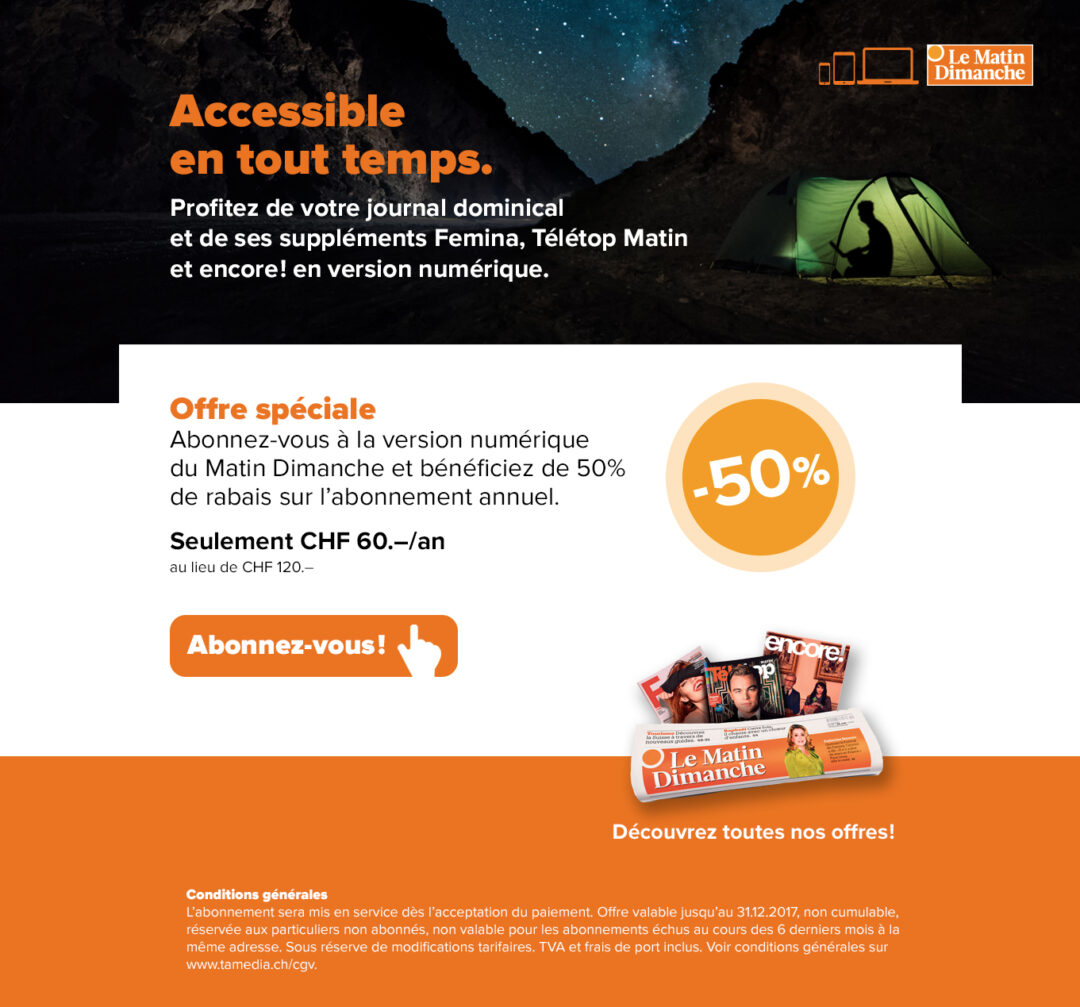 fiche pour présenter le site web du matin dimanche en promotion à moins 50% en version campeur.