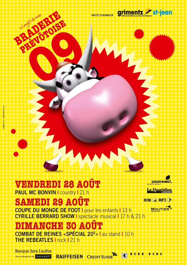 Affiche braderie 2009 avec comme mascotte une vache.