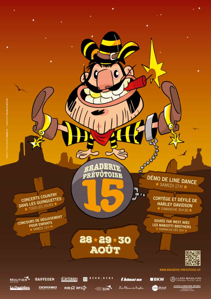 Affiche braderie 2015 avec comme mascotte un prisonnier qui ressemble aux Dalton de Lucky Luck.