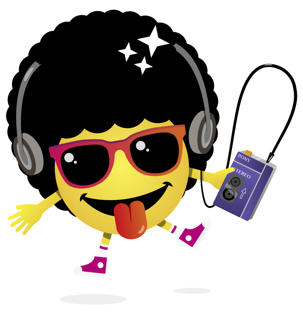 Logo de la Braderie prévôtoise 2017. Un smiley avec des jambes et bras qui a une coupe de cheveux afro avec un casque audio et un walkman dans la main.