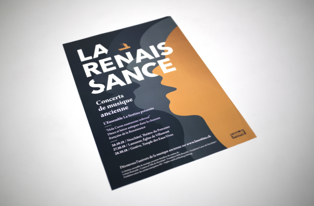 Flyer pour la campagne 2018 de La Sestina présentant des silhouettes de visages qui chantent
