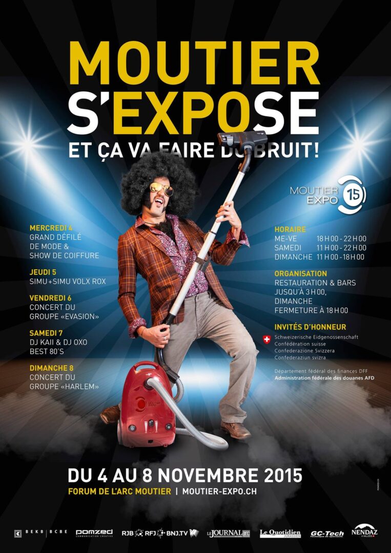 Affiche Moutier Expo 2015 avec un planning, des informations sur l'organisation, les invités d'honneur ainsi que la date qui est du 4 au 8 novembre.