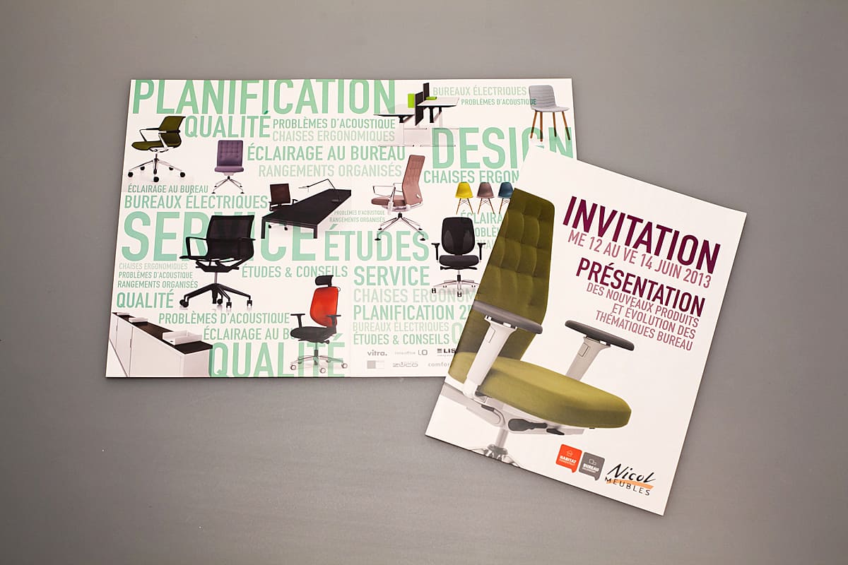 Carton d'invitation de Nicol meubles afin de venir découvrir les nouveaux produits.