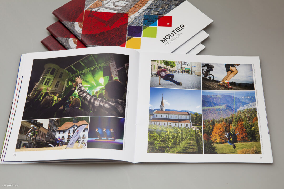 Page de la brochure avec plusieurs images de la ville de Moutier.