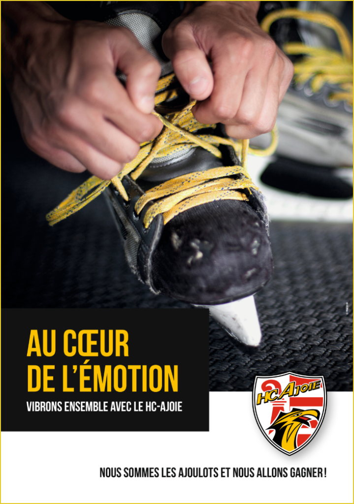 Affiche pour le HC Ajoie présentant des mains qui serrent les lacets d'un patin à glace
