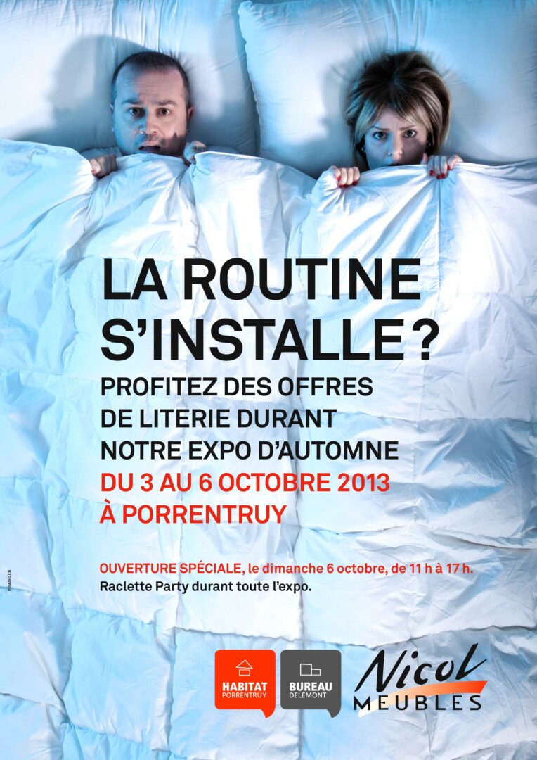 Pub pour des offres de literie chez Nicol Meubles. Mettant en scène un couple dans un lit.