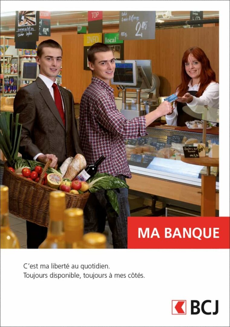 Campagne de pub BCJ. Comédiens en train de faire les courses.