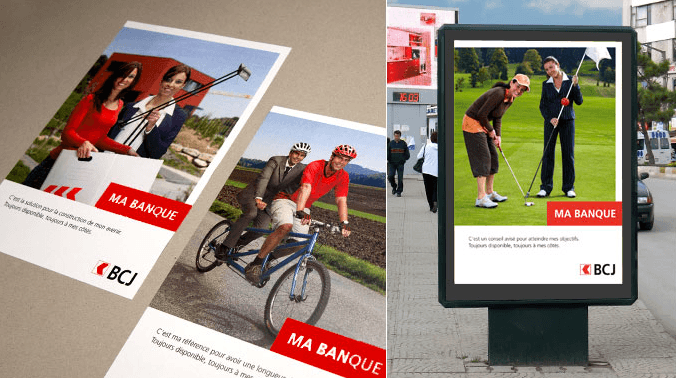 Campagne de pub BCJ photo panneau publicitaire + brochure.