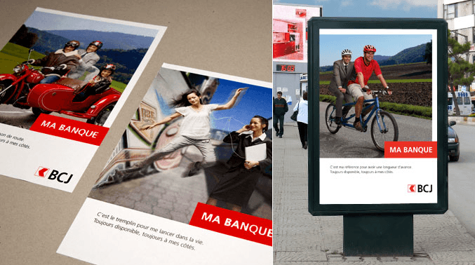 Campagne de pub BCJ photo panneau publicitaire + brochure.