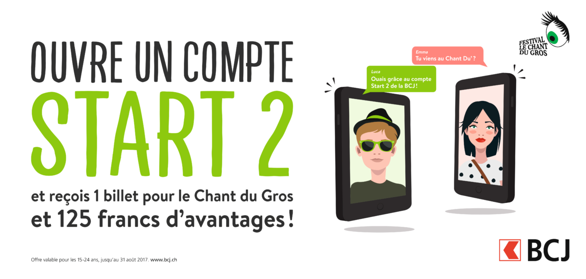 Pub pour le pack start2 de la BCJ avec les deux ados au téléphone qui discute sur le fait qu'ils ont reçu un billet gratuit pour le chant du gros grâce au compte start2.