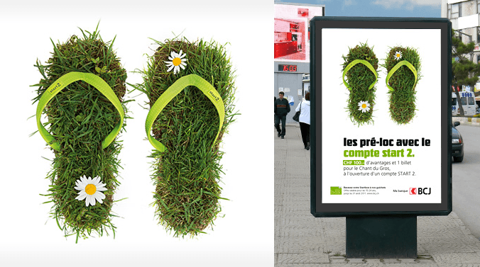 A gauche de l'image les tongues rempli d'herbes et à droite un panneau publicitaire pour le pack start2 de la BCJ.