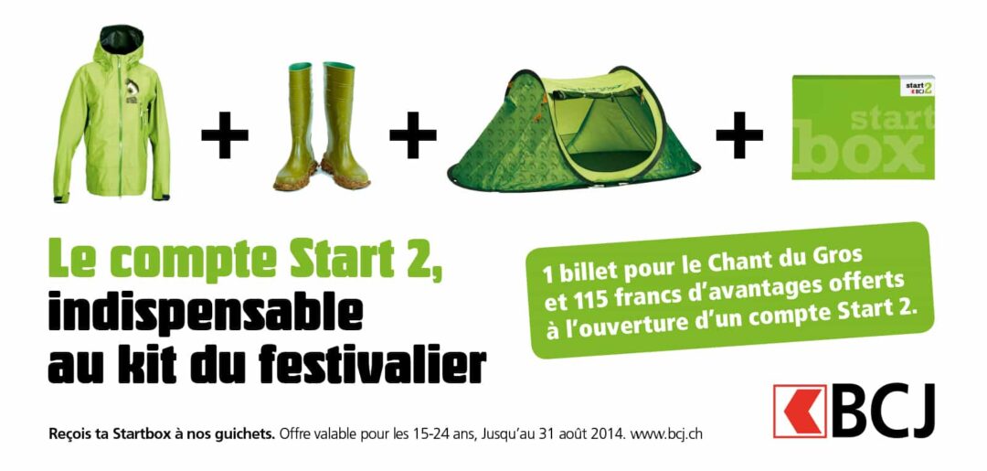 Pub pour un pack start2 contenant une veste, des bottes, une tente et une start box.
