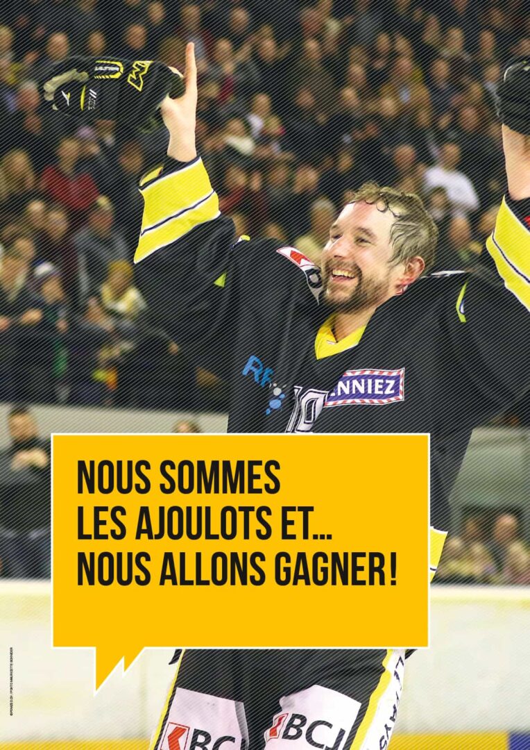 Affiche de la victoire du HC Ajoie sur la glace.