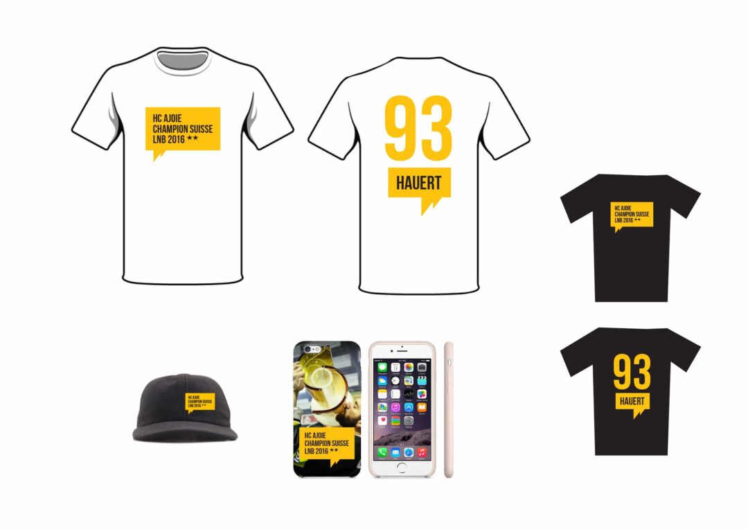 Goodies du HC Ajoie (T-shirt, casquette et coque de téléphone).