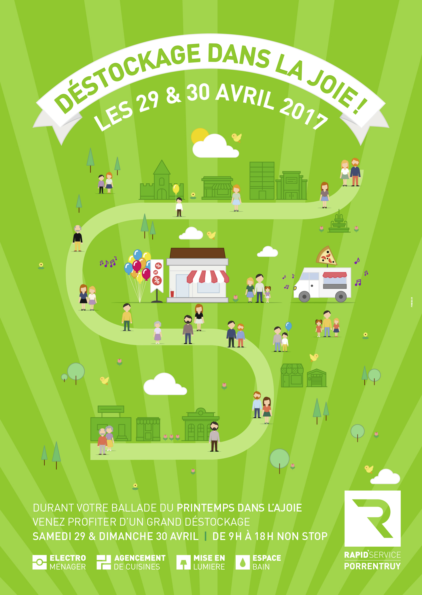 Grande affiche de pub pour l'évènement "Le printemps dans l'Ajoie" avec le slogan "Déstockage dans la joie".