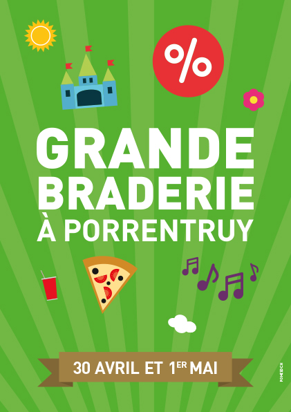 Affiche verticale pour la grande braderie de Porrentruy qui se déroule le 30 avril et 1er mai.