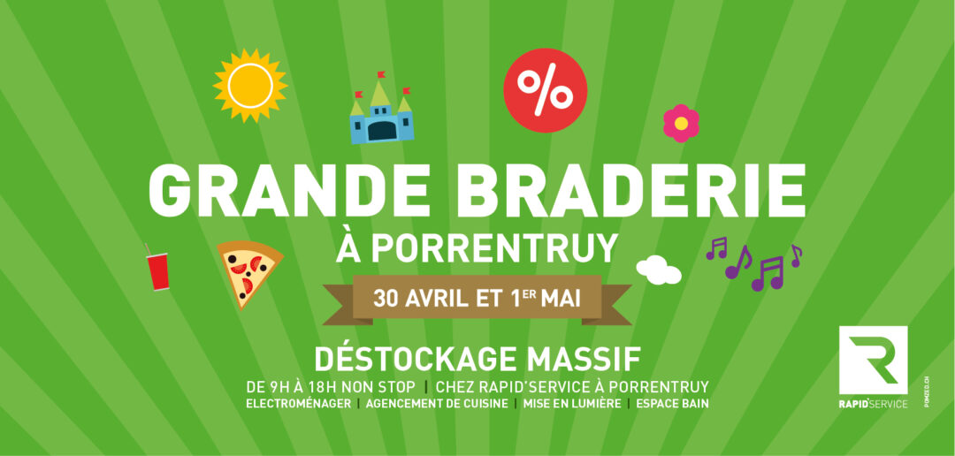 Affiche horizontale pour la grande braderie de Porrentruy qui se déroule le 30 avril et 1er mai.