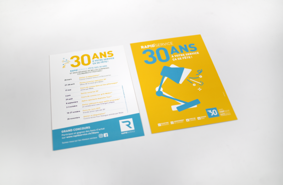 Un flyer présentant une lampe bleue sur fond jaune