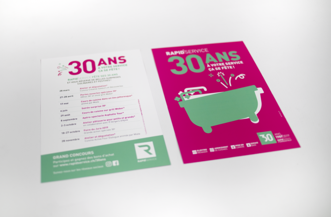 Un flyer présentant une baignoire verte sur fond magenta