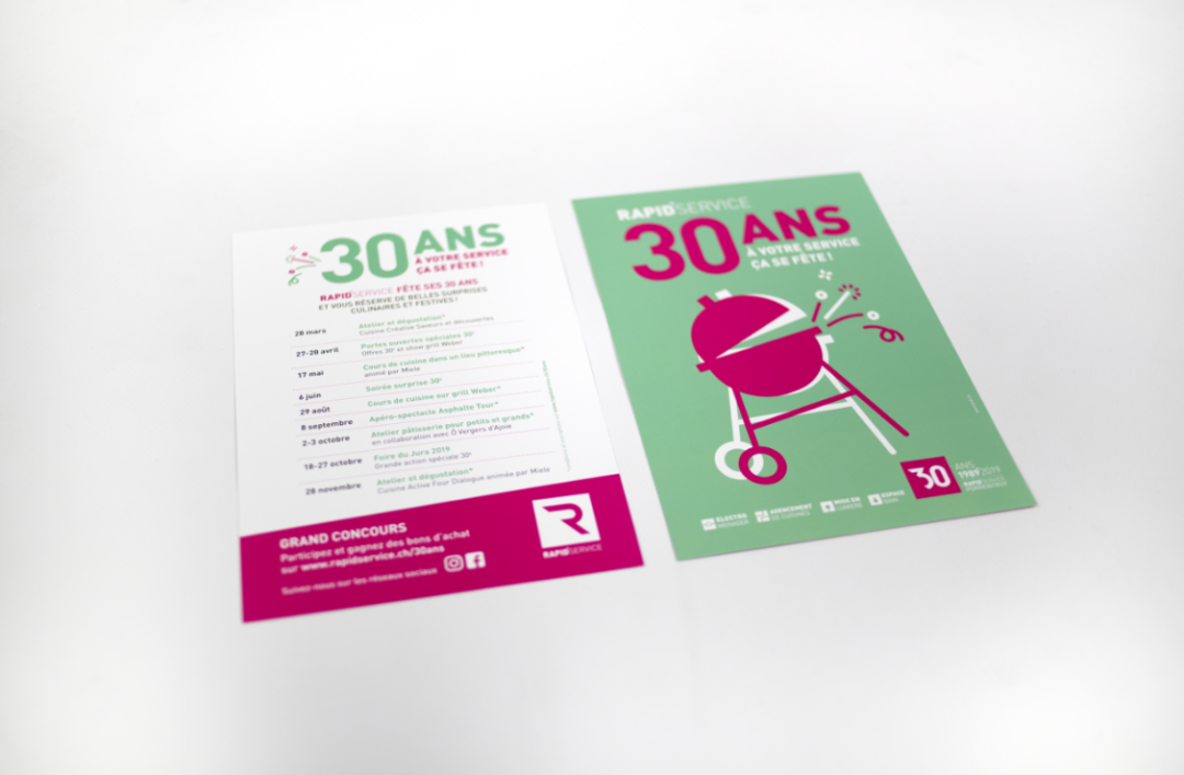 Un flyer présentant un grill magenta sur fond vert