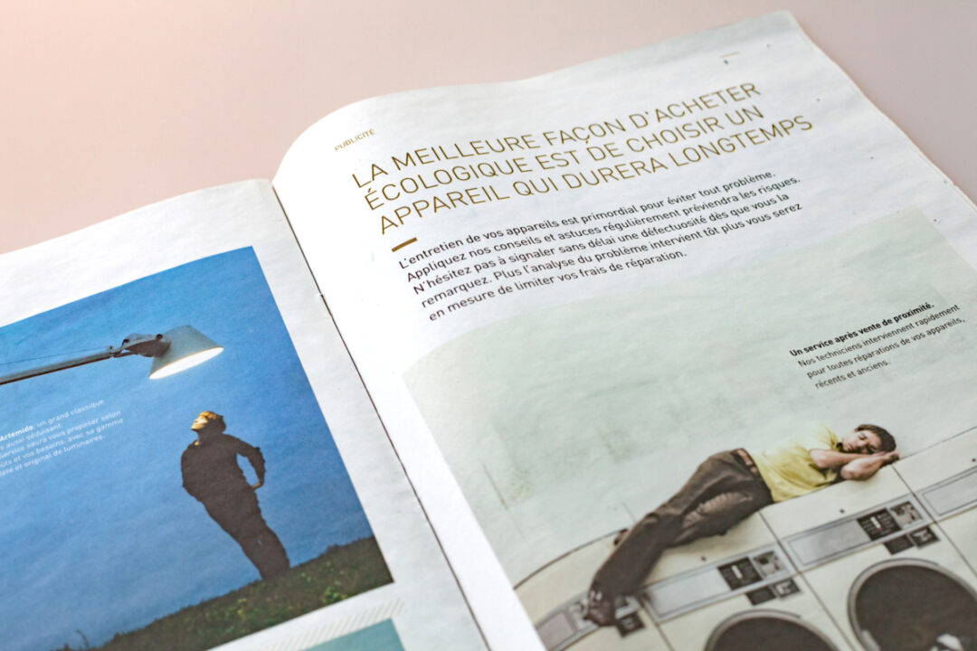 Page du journal avec le slogan "La meilleure façon d'acheter écologique est de choisir un appareil qui durera longtemps".