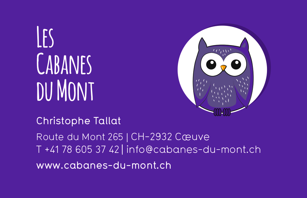 Carte de visite des Cabanes du Mont avec une chouette en logo.