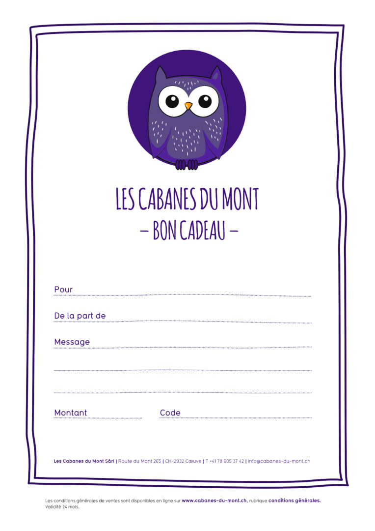Bons cadeaux avec le logo des Cabanes du Mont représenté par une chouette.