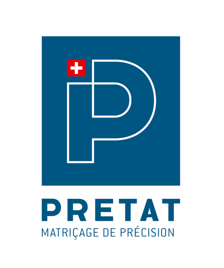 Nouveau logo au fond bleu, un grand P majuscule avec en dessous écrit PRETAT et encore en dessous "Matriçage de précision".