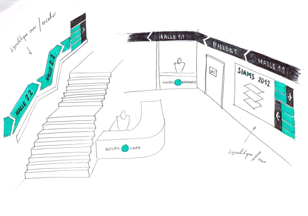 Croquis de la signalétique pour la salle d'accueil.