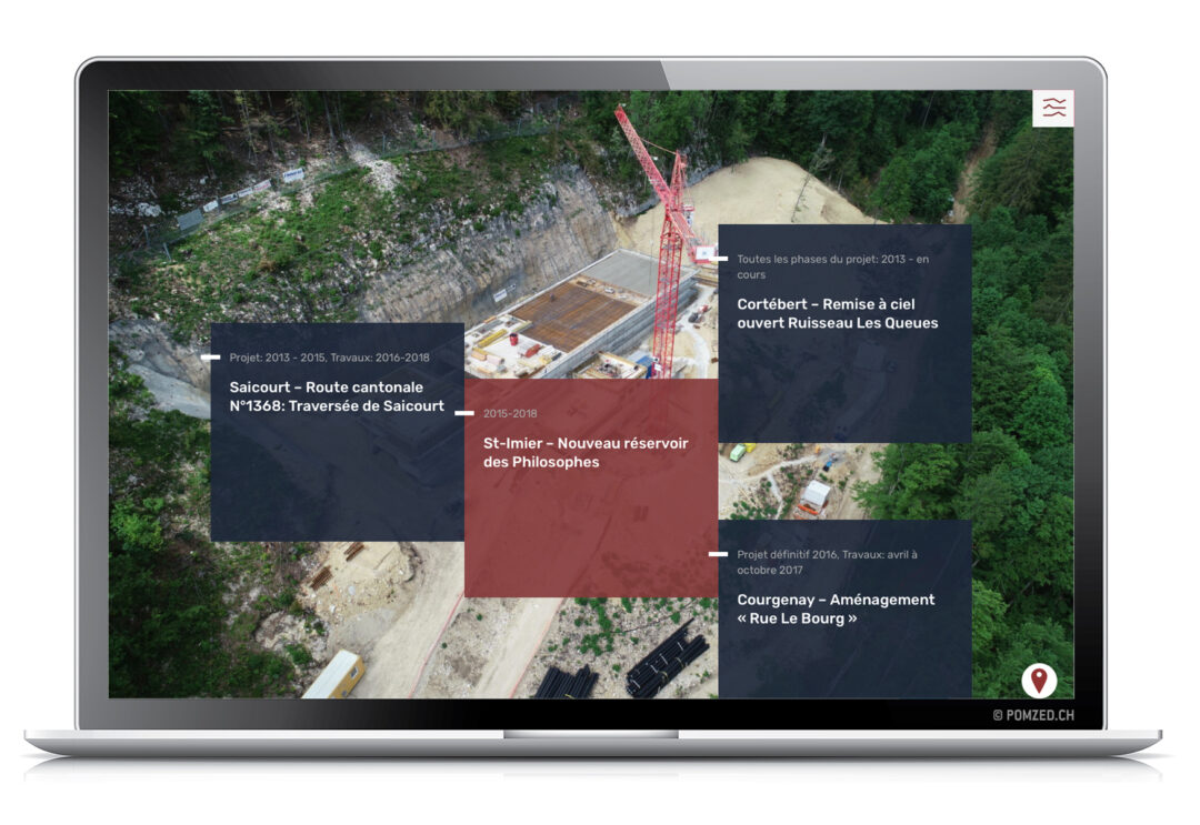 Page listant plusieurs travaux, en image de fond une construction ou l'on peut apercevoir une grue rouge.