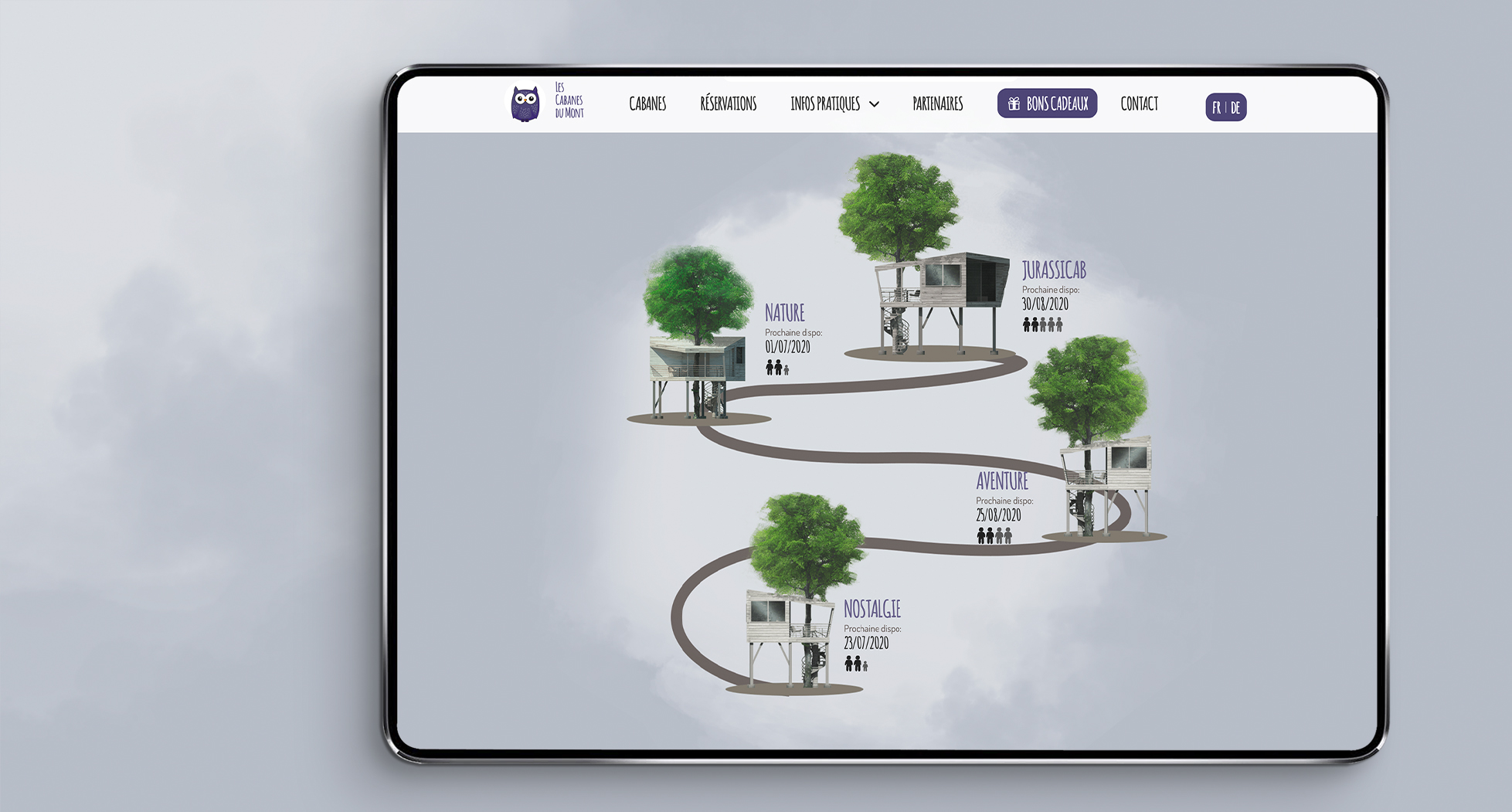 Site internet pour les cabanes dans les arbres de Cabanes du Mont.