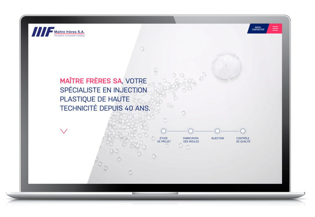 Page d'accueil du site internet de Maître Frères SA, où l'on peut voir le slogan "Maitre Frères SA votre spécialiste de haute technicité depuis 40 ans".