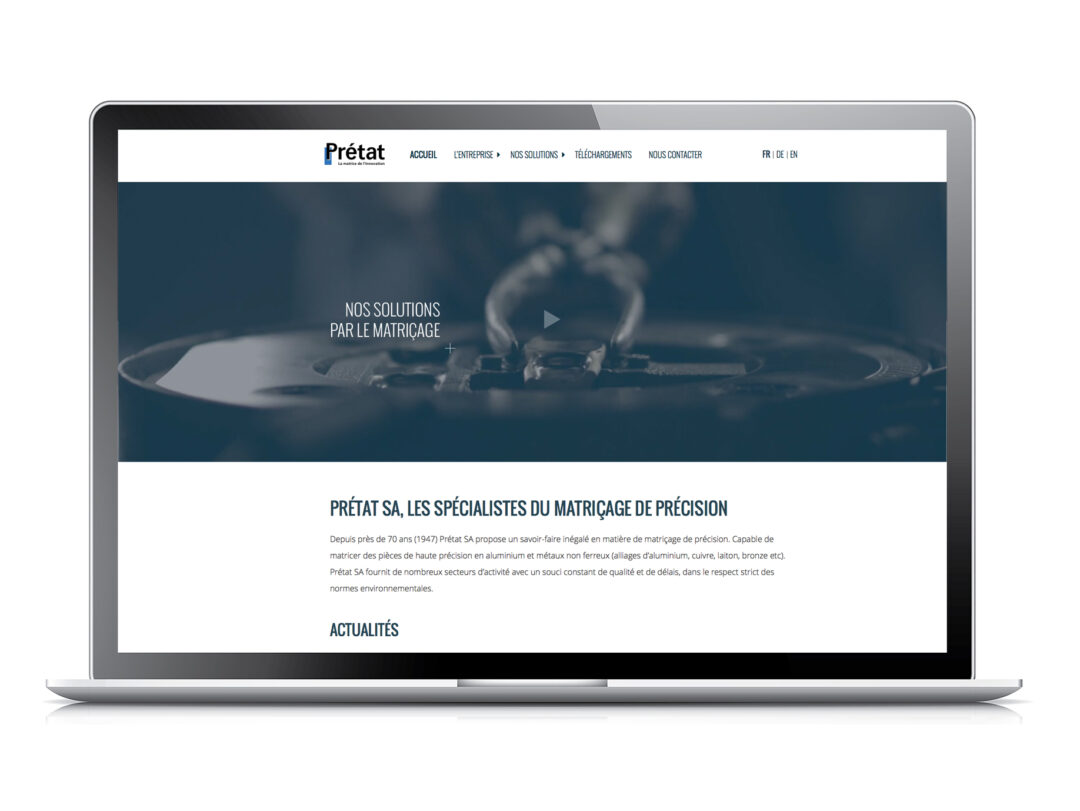 Page d'accueil du site internet de Prétat SA avec comme fond la vidéo de présentation réalisé par Pomzed.