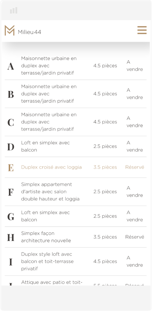 Aperçu de la version mobile de la page du site internet présentant les appartements