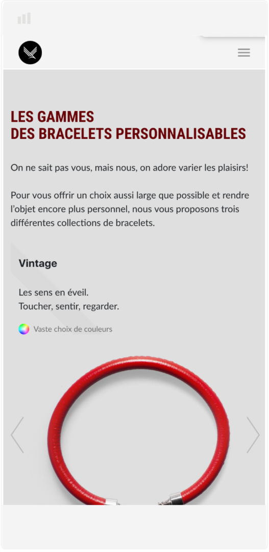 Aperçu de la section dédiée à la personnalisation du bracelet sur la version mobile du site internet PLVS