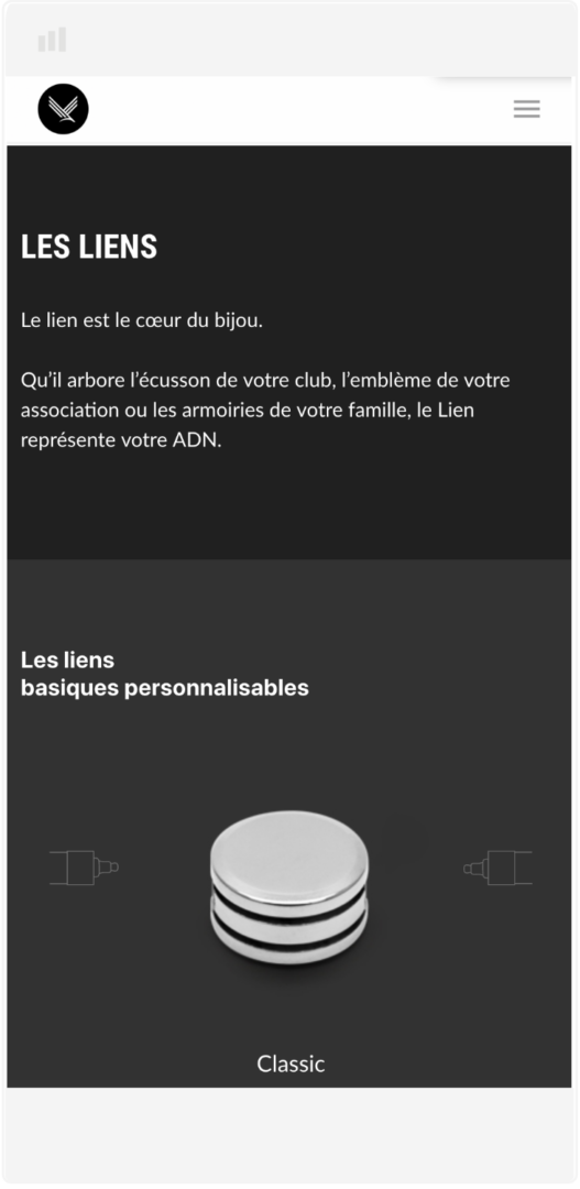 Aperçu de la sélection de liens-bijoux figurants sur la version mobile du site internet des bracelets PLUS