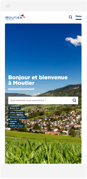 La barre de recherche présente sur la page d’accueil du site internet mobile de Moutier