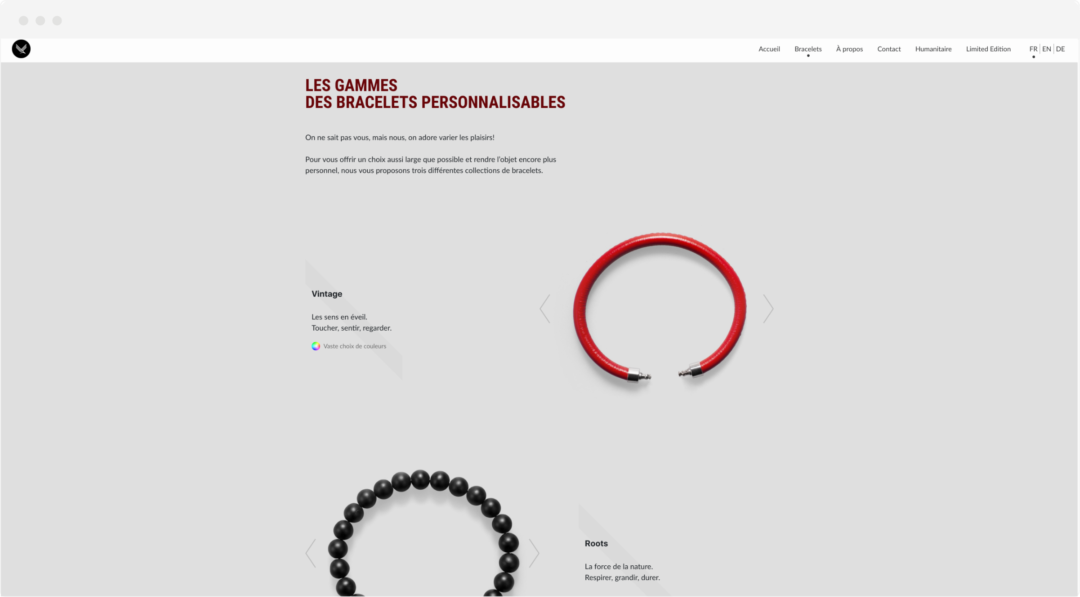 Aperçu de la section dédiée à la personnalisation du bracelet sur le site internet PLVS