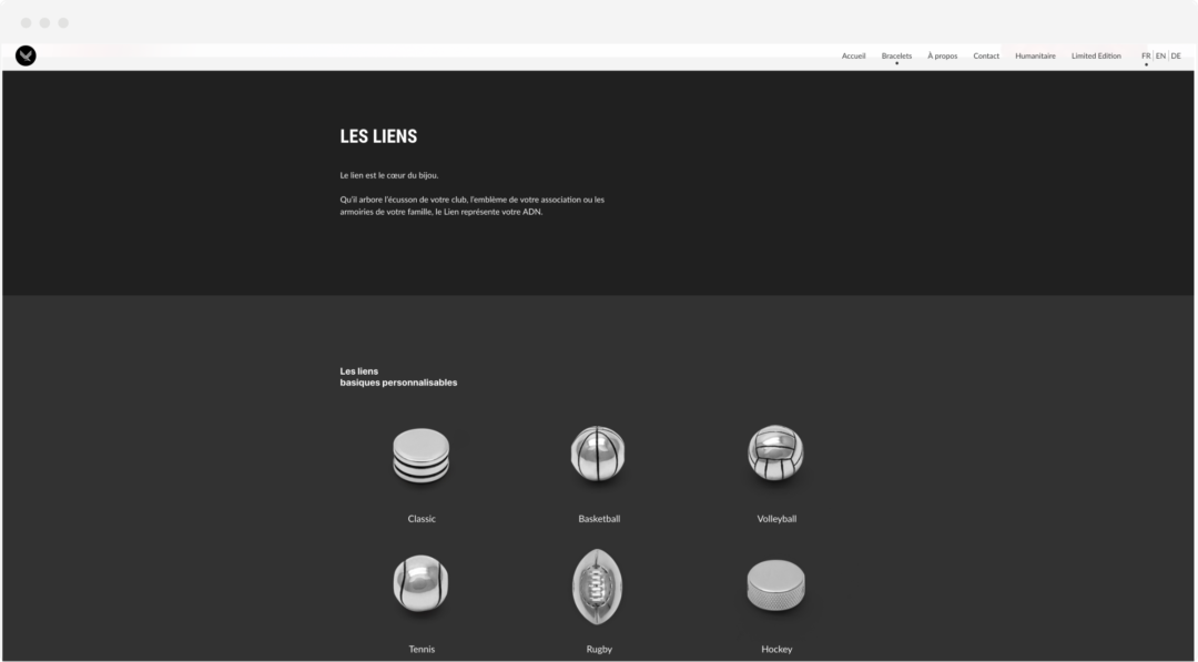 Aperçu de la sélection de liens-bijoux figurants sur le site internet des bracelets PLUS