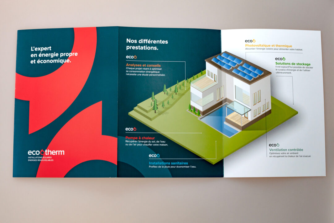 Dépliant de l'entreprise eco6therm, l'expert en énergie propre et économique. Vue du dessus.
