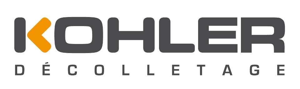 Nouveau logo, "KOHLER" écrit en gros en noir avec la moitié du K orange, en dessous le mot "DÉCOLLETAGE" en noir et en plus petit.