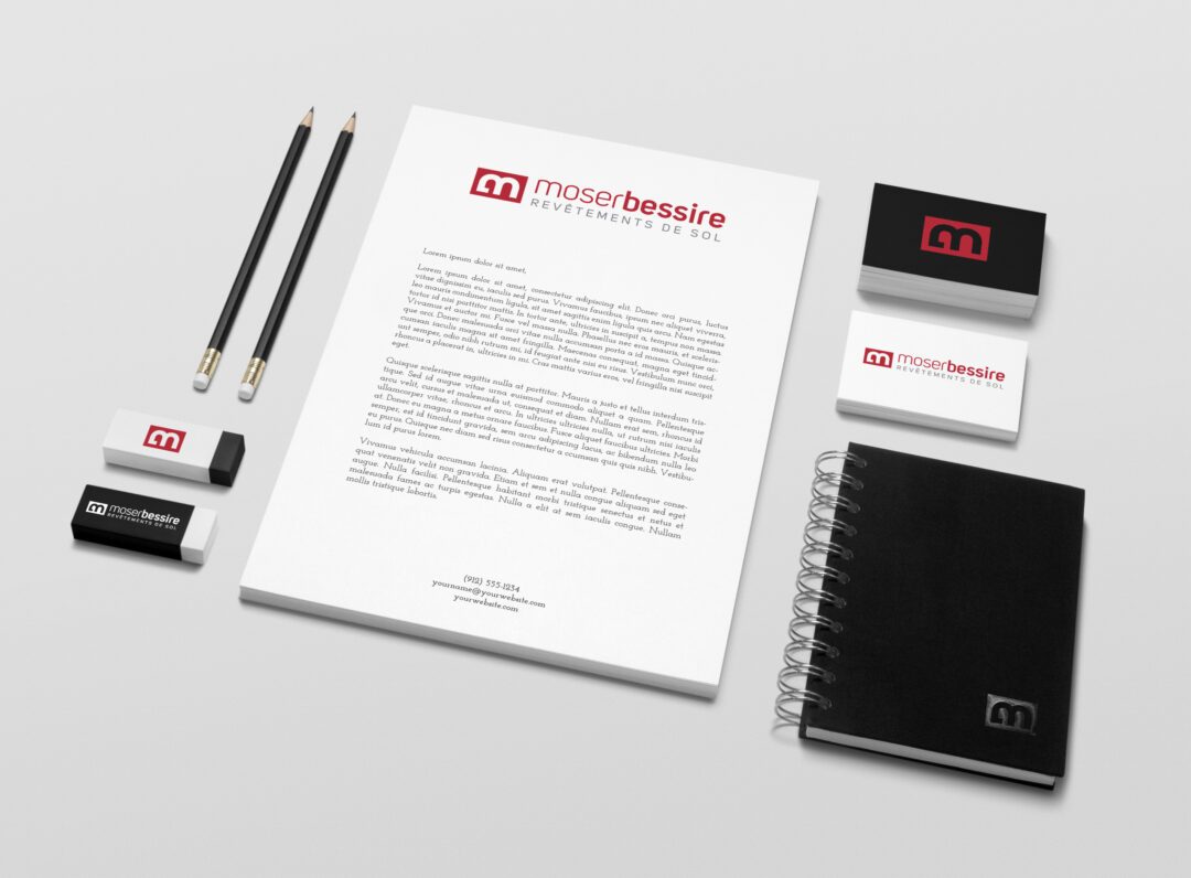 Gommes, crayons, feuilles et autres fournitures avec le logo Mosser Bessire.