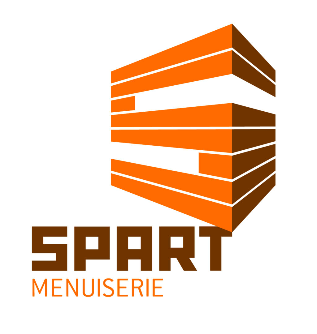 Nouveau logo où l'on peut voir un "S" formé avec des barre de bois et en dessous le texte "SPART MENUISERIE".